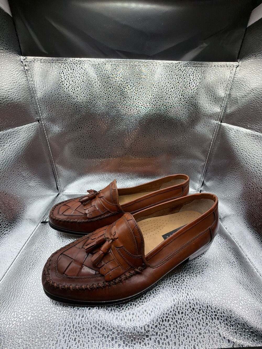 Giorgio Brutini Le Glove Brown Woven Leather Kiltie Tassel Loafers